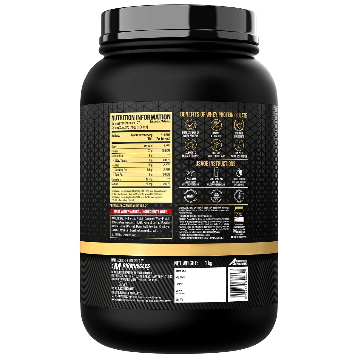 Bigmuscles Nutrition Gold Whey Isolate (1kg, Arabica Coffee) | 27g Whey Protein Isolate 90% | 7 Natural Ingredients Only | 0 