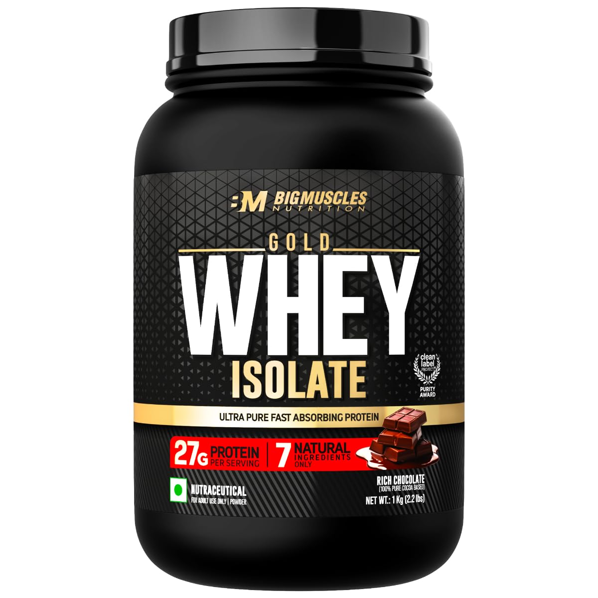 Bigmuscles Nutrition Gold Whey Isolate (1kg, Arabica Coffee) | 27g Whey Protein Isolate 90% | 7 Natural Ingredients Only | 0 