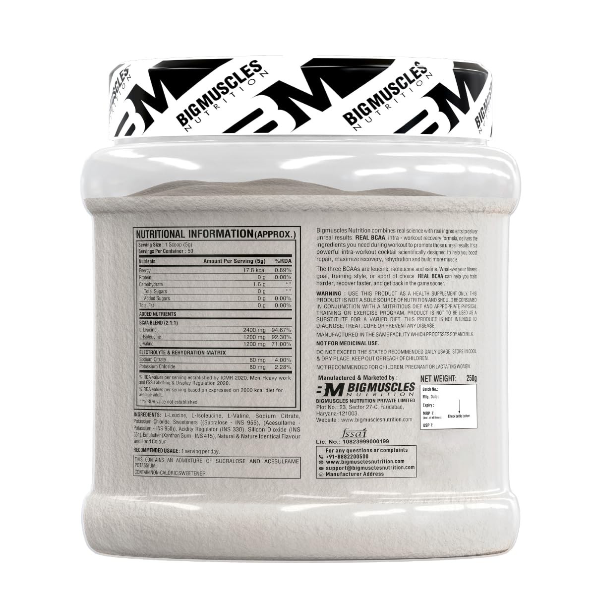 Bigmuscles Nutrition Real BCAA Powder, Vegan Micronized BCAA Supplement, 5g per Serving - front view