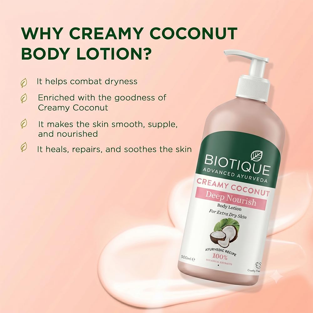 Biotique Creamy Coconut Body Lotion, Botanical Moisturizer for Extra Dry Skin - ingredients panel