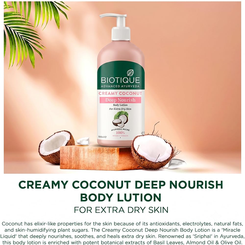 Biotique Creamy Coconut Body Lotion, Botanical Moisturizer for Extra Dry Skin - front view (7)
