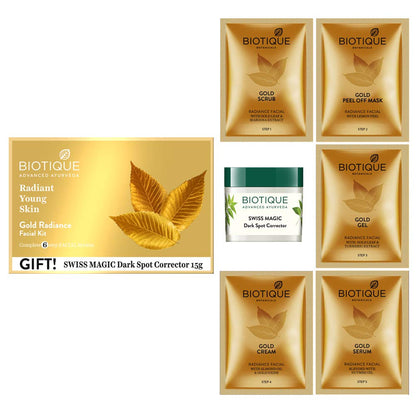 Biotique Gold Radiance Facial Kit, 6-Step Ayurvedic Facial Kit for Women, 65g - packaging