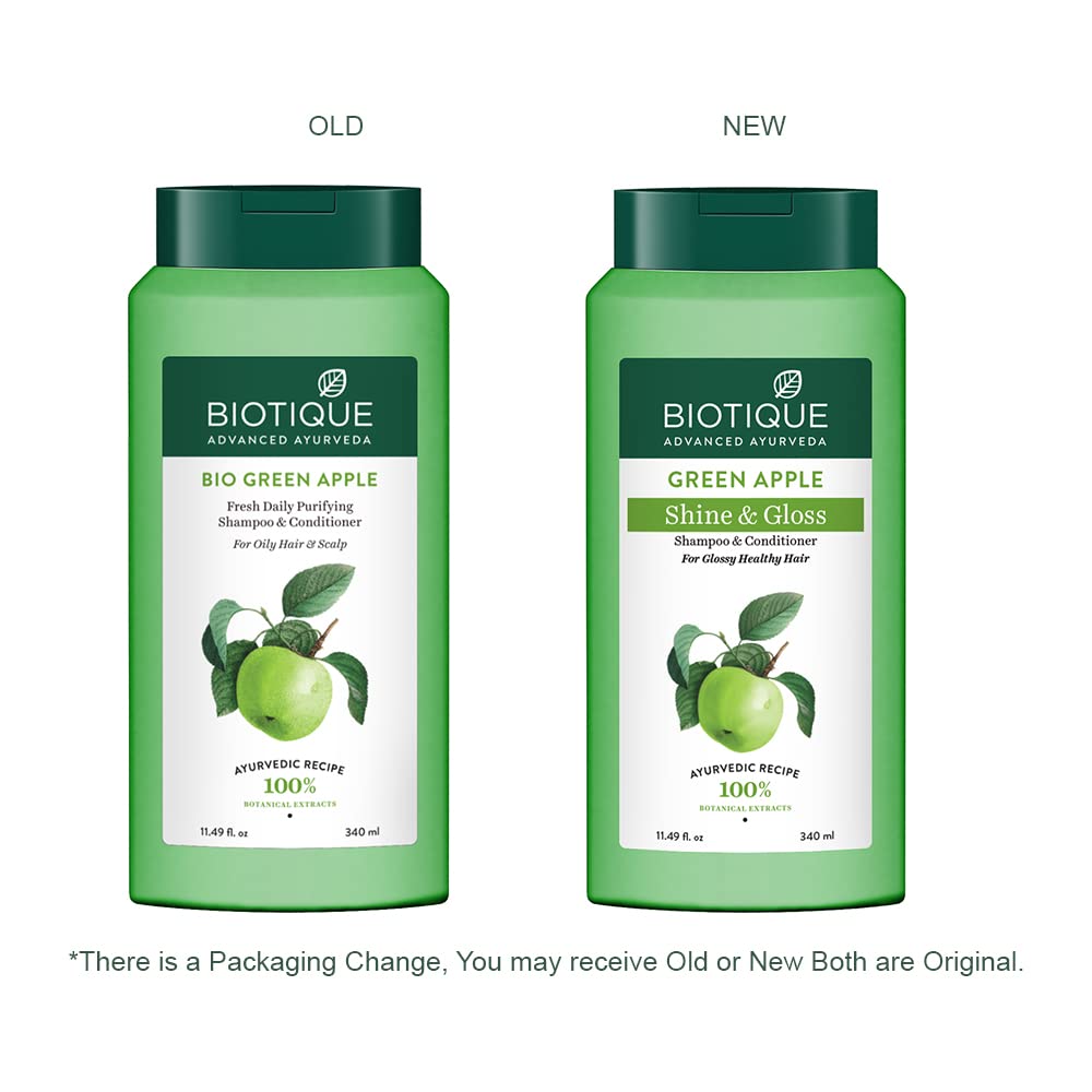 Biotique Green Apple Shine & Gloss Shampoo and Conditioner, Botanical Hair Cleanser with Green Apple Extract, pH-Balanced For