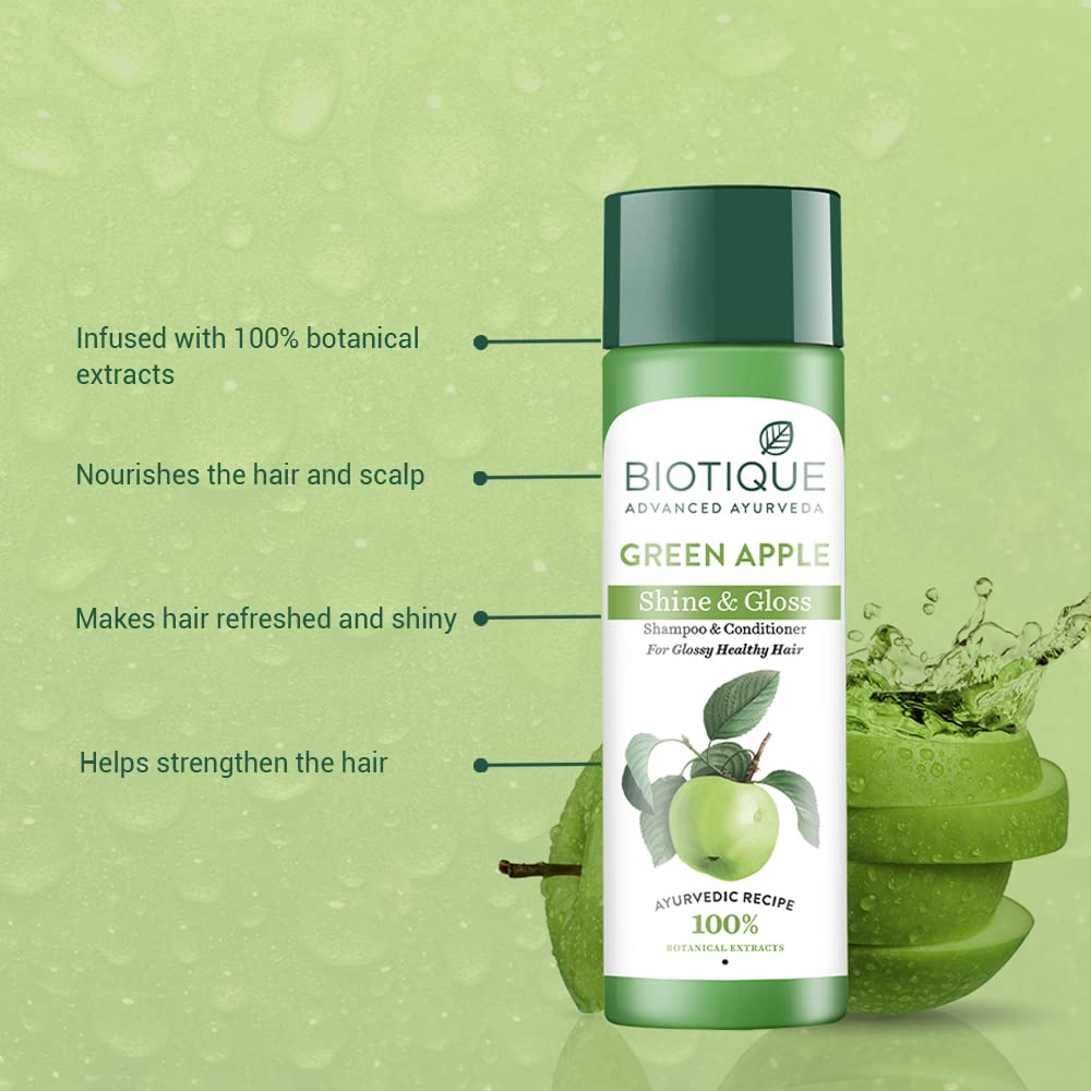 Biotique Green Apple Shine & Gloss Shampoo and Conditioner, Botanical Hair Cleanser with Green Apple Extract, pH-Balanced For