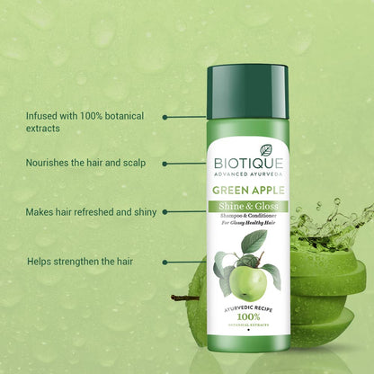 Biotique Green Apple Shine & Gloss Shampoo and Conditioner, Botanical Hair Cleanser with Green Apple Extract, pH-Balanced For