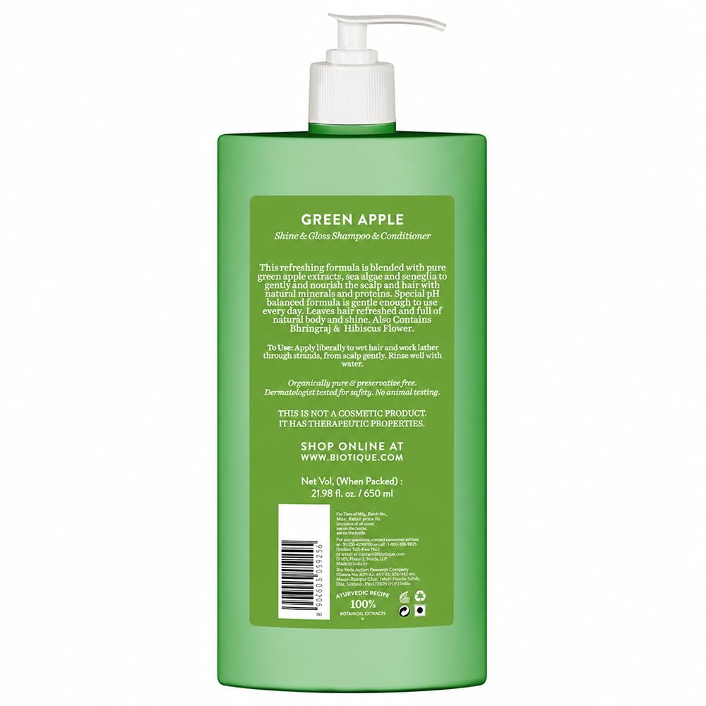 Biotique Green Apple Shine & Gloss Shampoo and Conditioner, Botanical Hair Cleanser with Green Apple Extract, pH-Balanced For