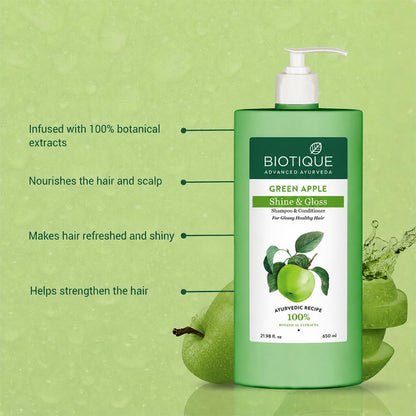 Biotique Green Apple Shine & Gloss Shampoo and Conditioner, Botanical Hair Cleanser with Green Apple Extract, pH-Balanced For