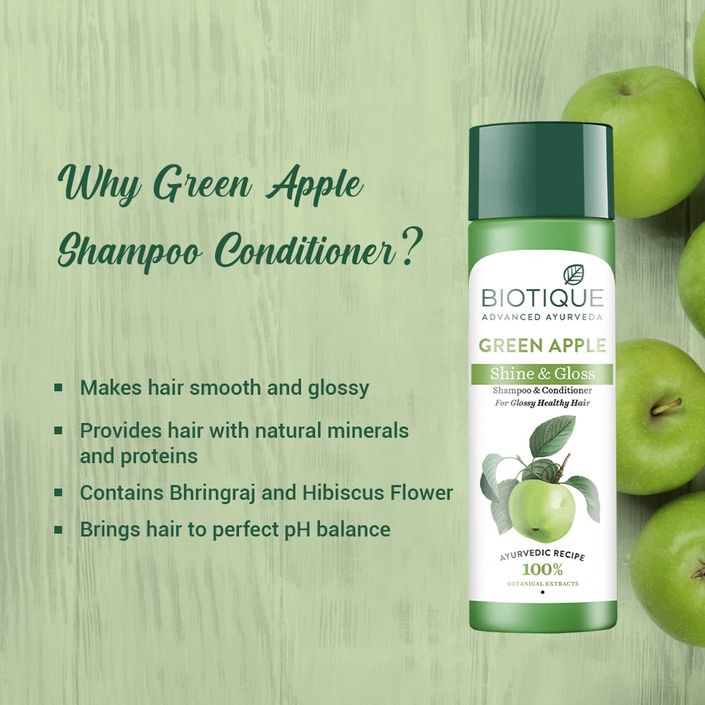 Biotique Green Apple Shine & Gloss Shampoo and Conditioner, Botanical Hair Cleanser with Green Apple Extract, pH-Balanced For