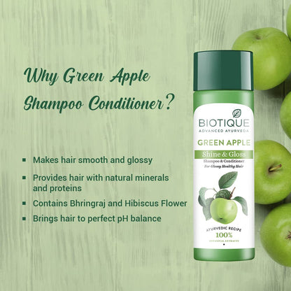 Biotique Green Apple Shine & Gloss Shampoo and Conditioner, Botanical Hair Cleanser with Green Apple Extract, pH-Balanced For