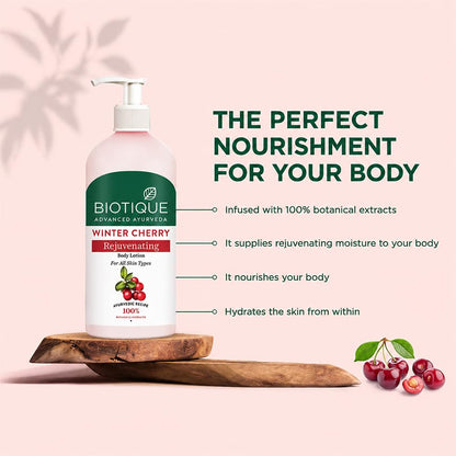 Biotique Winter Cherry Rejuvenating Body Lotion with Ashwagandha and Almond Oil, Botanical Body Moisturizer - ingredients pan