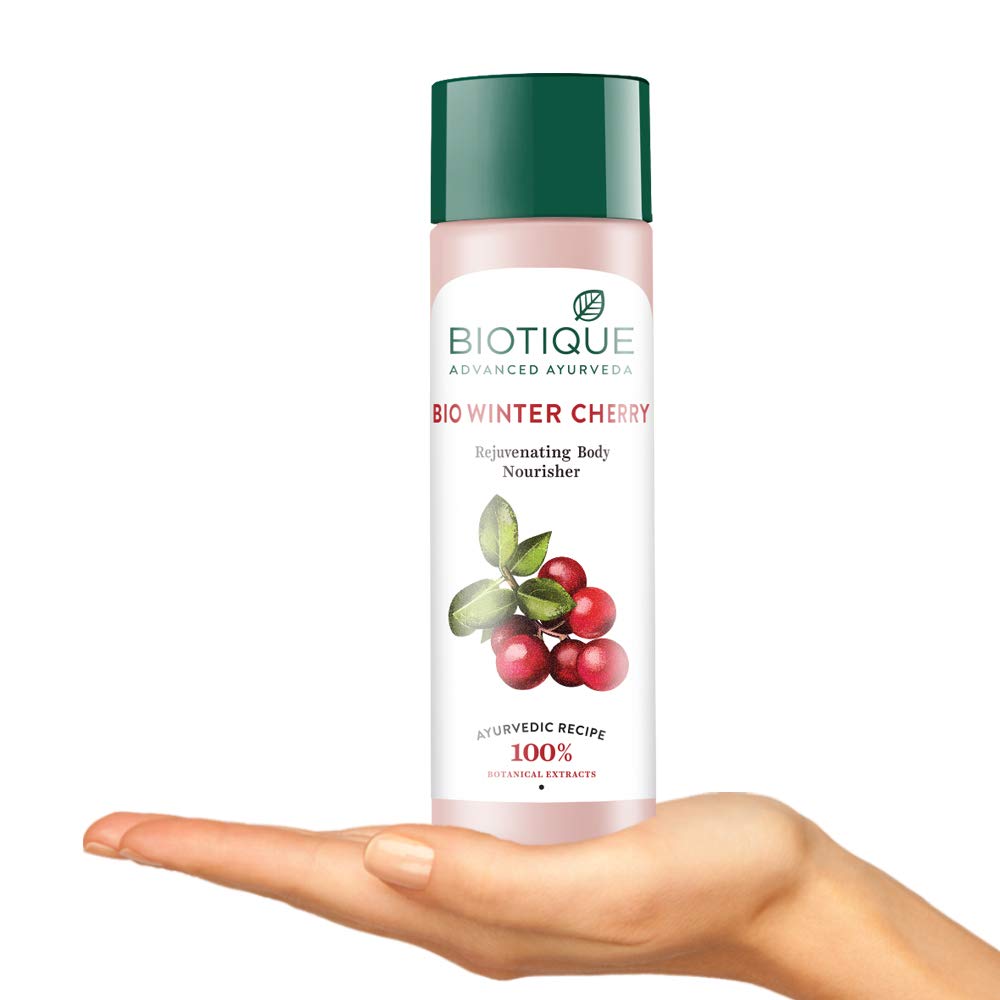 Biotique Winter Cherry Rejuvenating Body Lotion with Ashwagandha and Almond Oil, Botanical Body Moisturizer - packaging