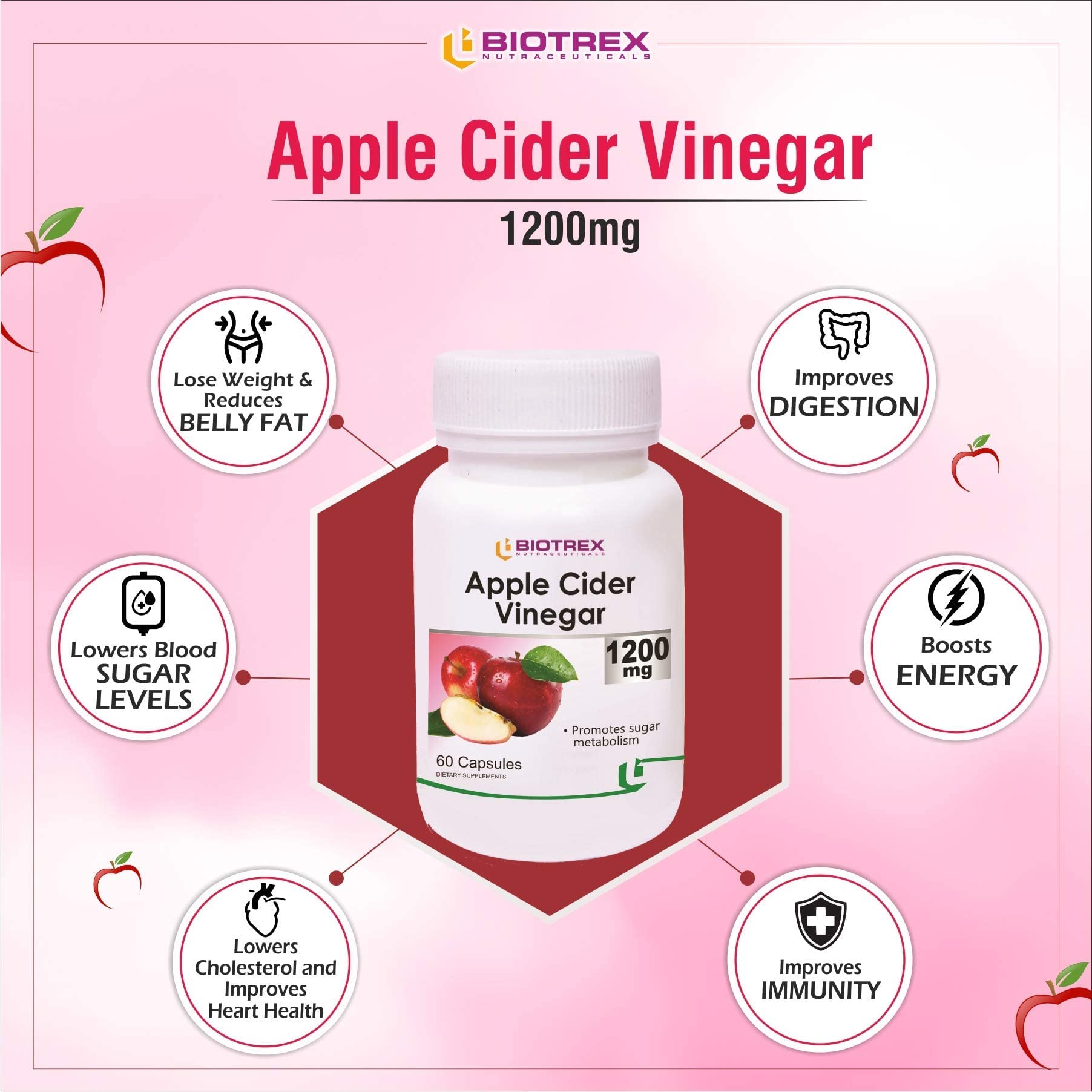 Biotrex Nutraceuticals Apple Cider Vinegar Capsules, 1200mg, 60 Count, Organic Dietary Supplement - packaging