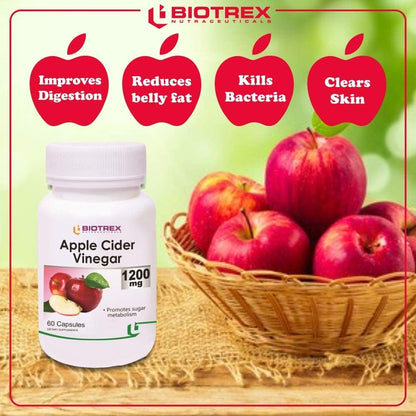 Biotrex Nutraceuticals Apple Cider Vinegar Capsules, 1200mg, 60 Count, Organic Dietary Supplement - size and scale