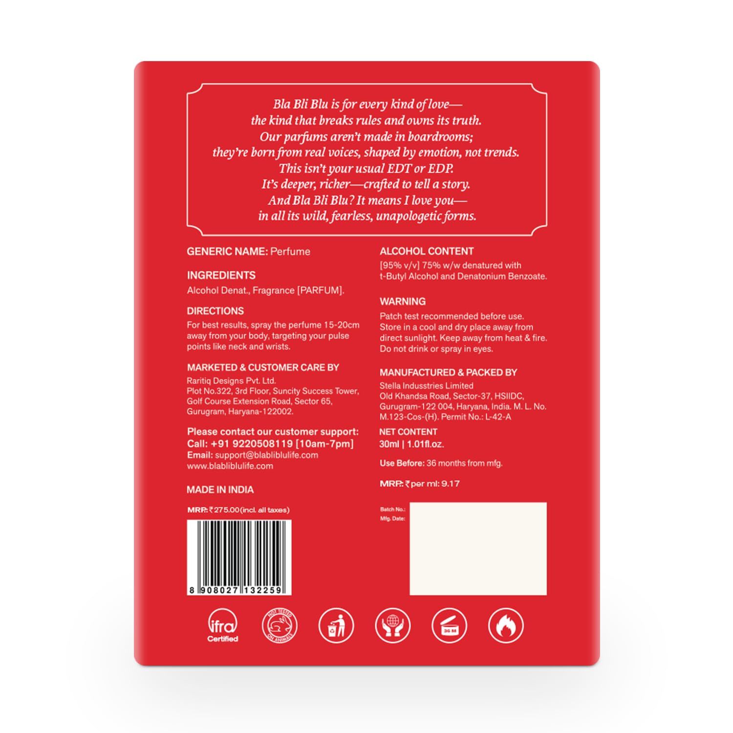 BLA BLI BLU Love Drunk Unisex Parfum 30ml Cinnamon Dates Nuts Notes - label detail