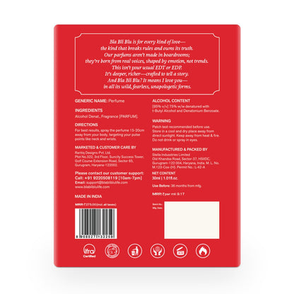 BLA BLI BLU Love Drunk Unisex Parfum 30ml Cinnamon Dates Nuts Notes - label detail