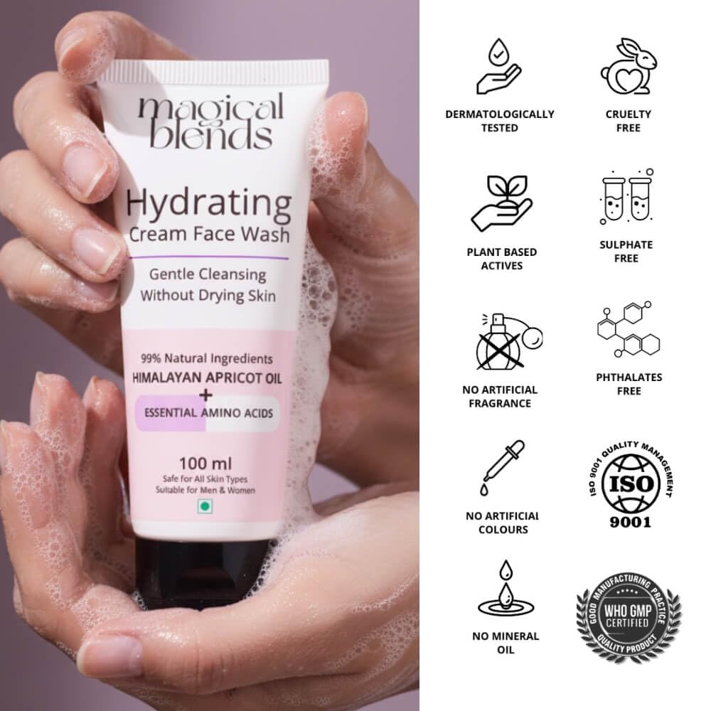 BLENDS Hydrating Cream Face Wash, 100ml, 99% Natural with Himalayan Apricot Oil, Shea and Coconut Butter - close-up detail