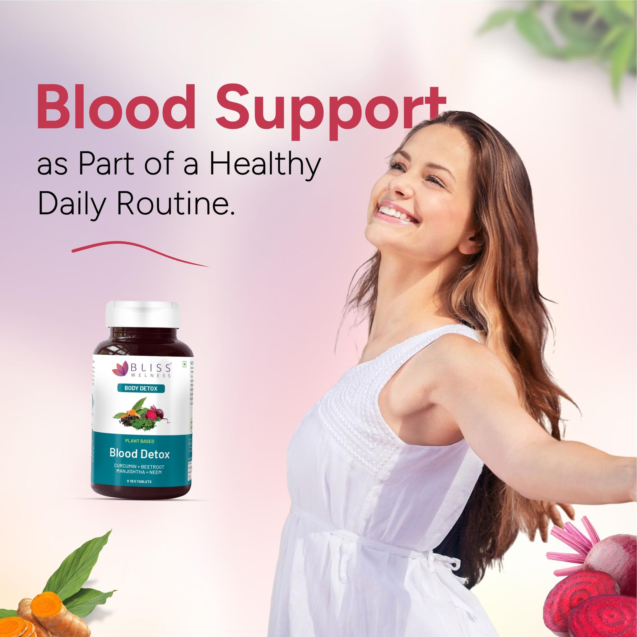 Bliss Welness Blood Herbal Supplement, Tablets with Neem, Curcumin, Manjistha, Beetroot & Piperine - back view (10)