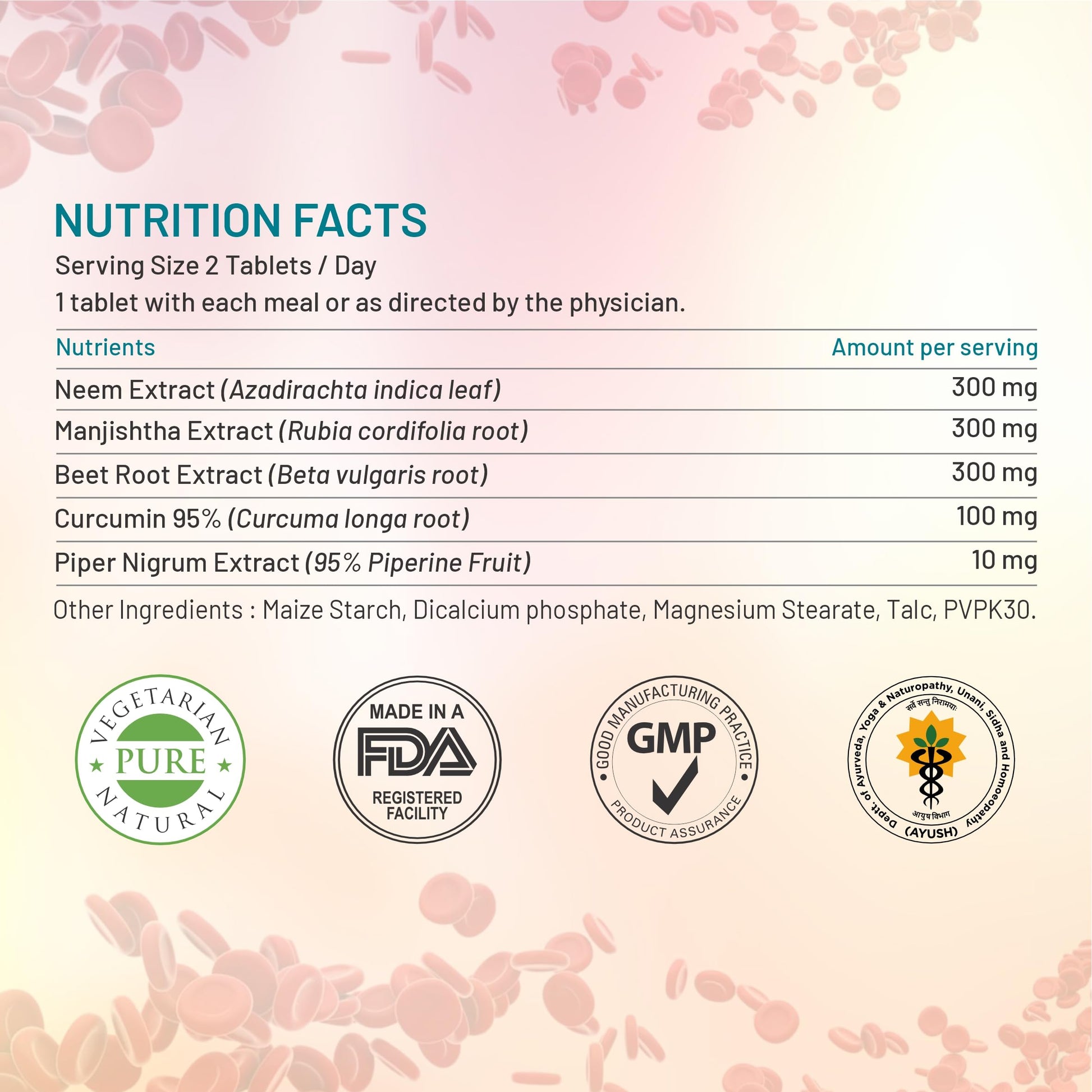Bliss Welness Blood Herbal Supplement, Tablets with Neem, Curcumin, Manjistha, Beetroot & Piperine - close-up detail (14)