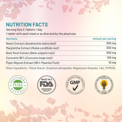 Bliss Welness Blood Herbal Supplement, Tablets with Neem, Curcumin, Manjistha, Beetroot & Piperine - close-up detail (14)
