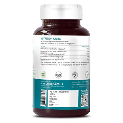 Bliss Welness Blood Herbal Supplement, Tablets with Neem, Curcumin, Manjistha, Beetroot & Piperine - size and scale