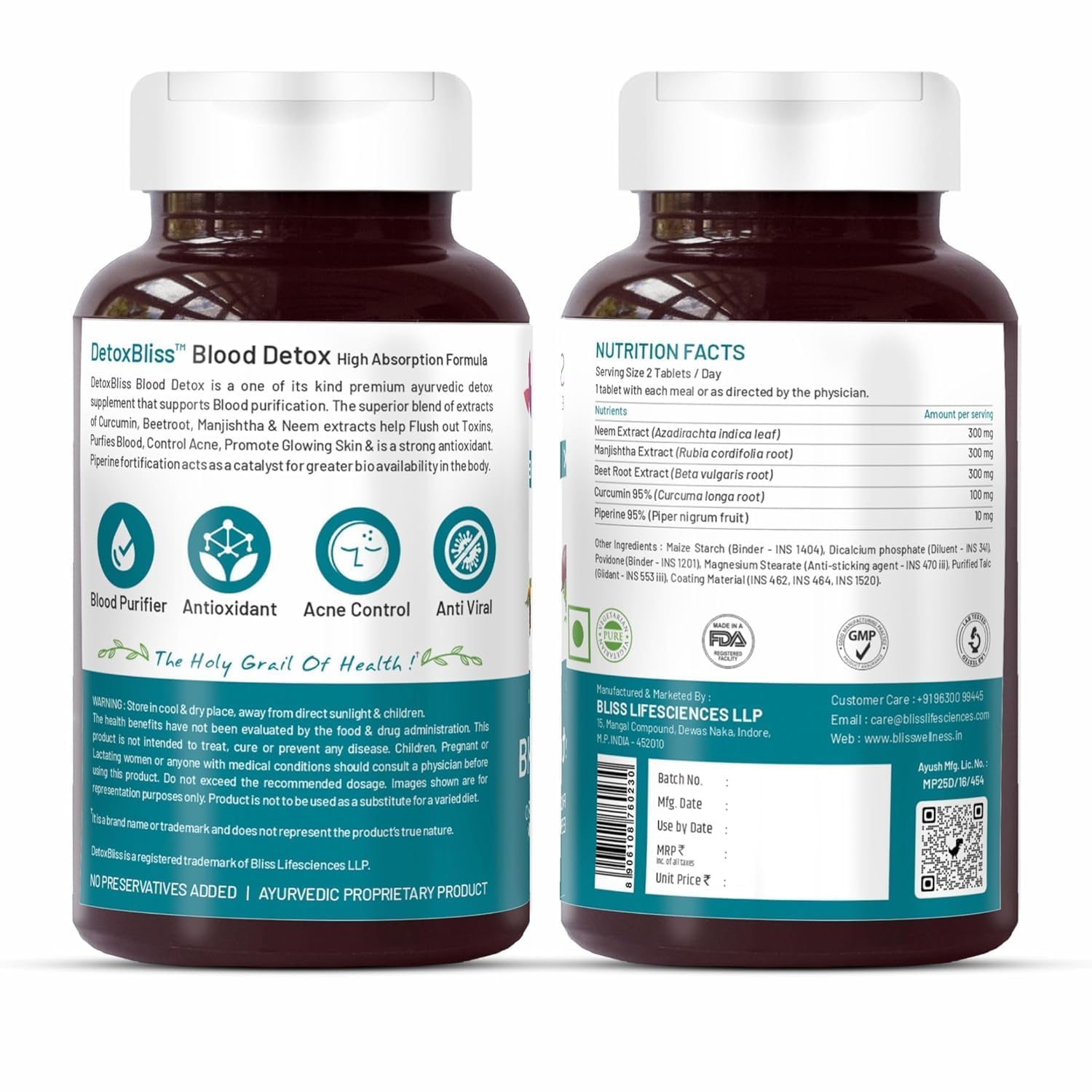 Bliss Welness Blood Herbal Supplement, Tablets with Neem, Curcumin, Manjistha, Beetroot & Piperine - front view