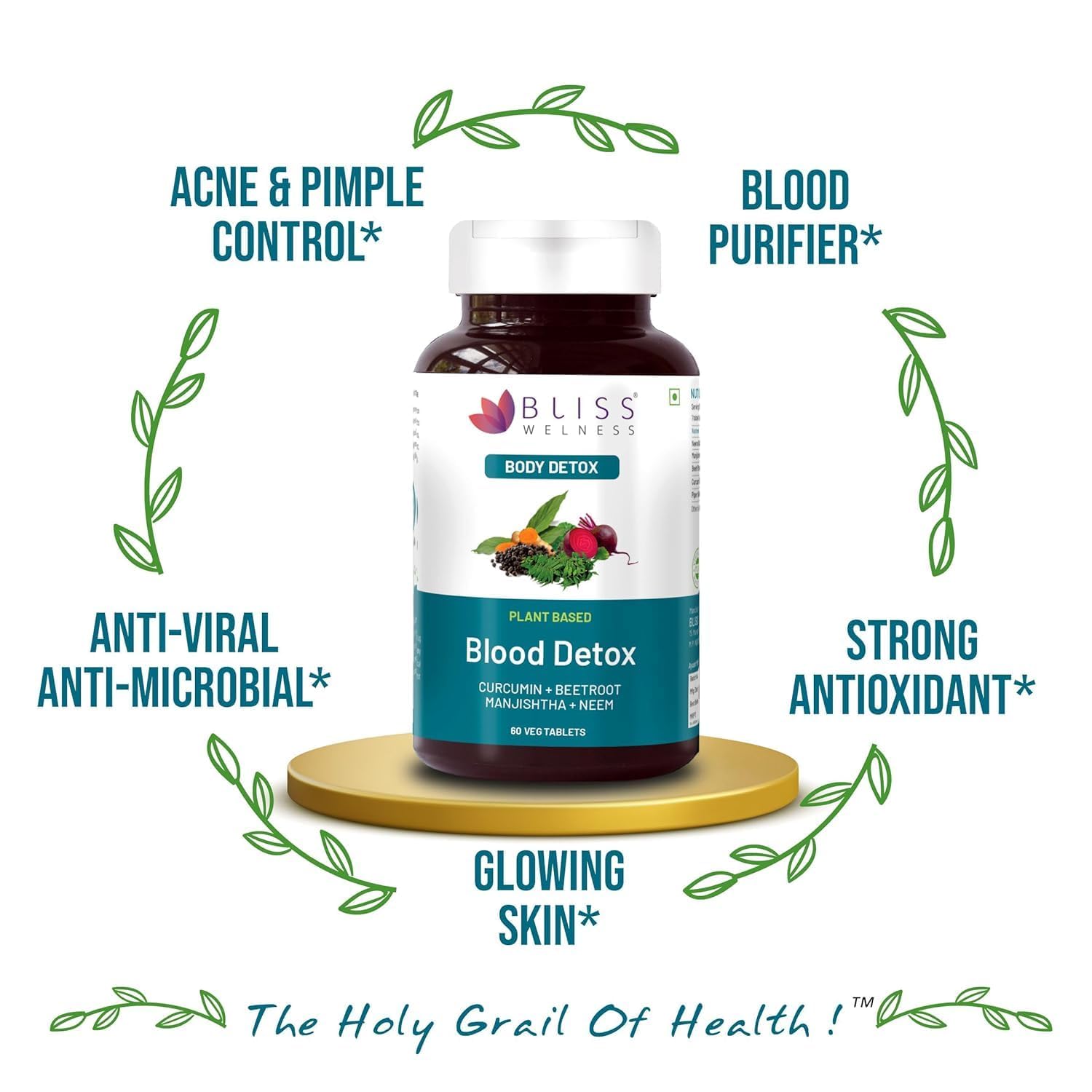 Bliss Welness Blood Herbal Supplement, Tablets with Neem, Curcumin, Manjistha, Beetroot & Piperine - back view