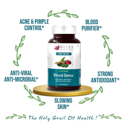 Bliss Welness Blood Herbal Supplement, Tablets with Neem, Curcumin, Manjistha, Beetroot & Piperine - back view