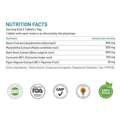 Bliss Welness Blood Herbal Supplement, Tablets with Neem, Curcumin, Manjistha, Beetroot & Piperine - label detail