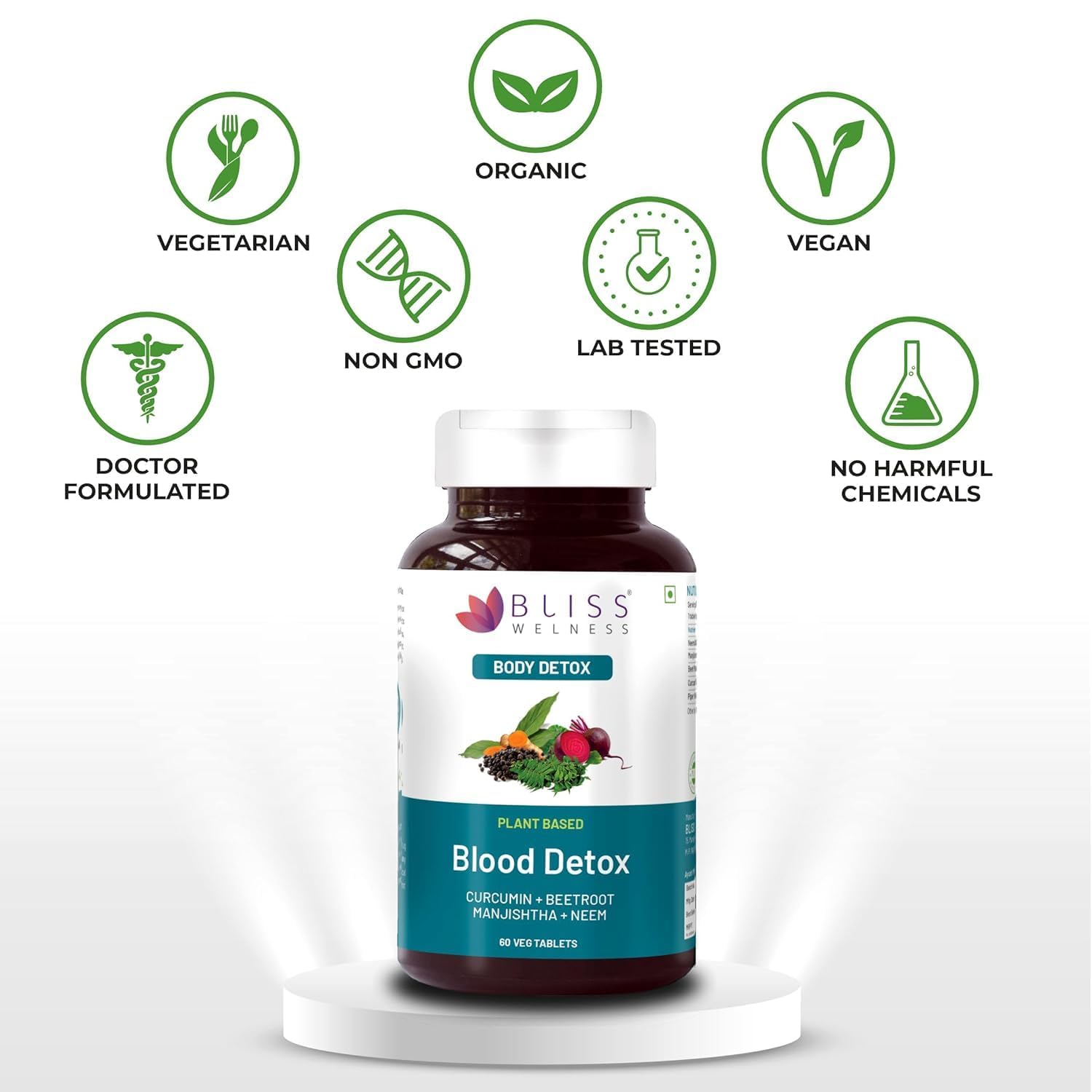 Bliss Welness Blood Herbal Supplement, Tablets with Neem, Curcumin, Manjistha, Beetroot & Piperine - ingredients panel