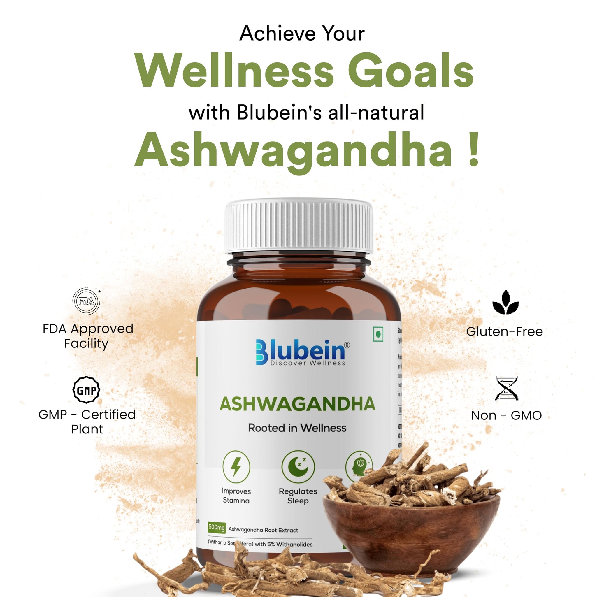 Blubein Ashwagandha Tablets 500mg with 5% Withanolides, 60 Count Herbal Supplement - front view