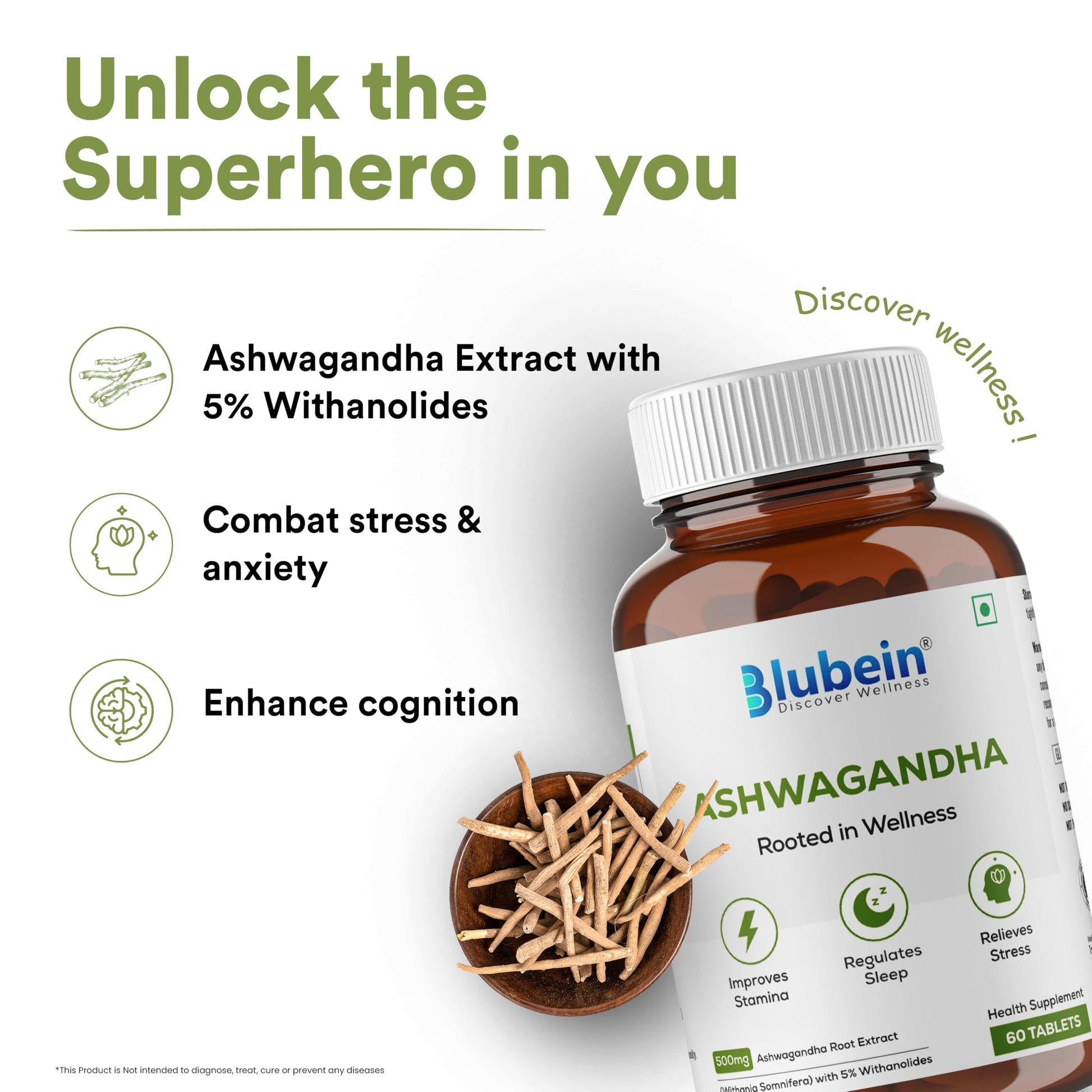 Blubein Ashwagandha Tablets 500mg with 5% Withanolides, 60 Count Herbal Supplement - packaging