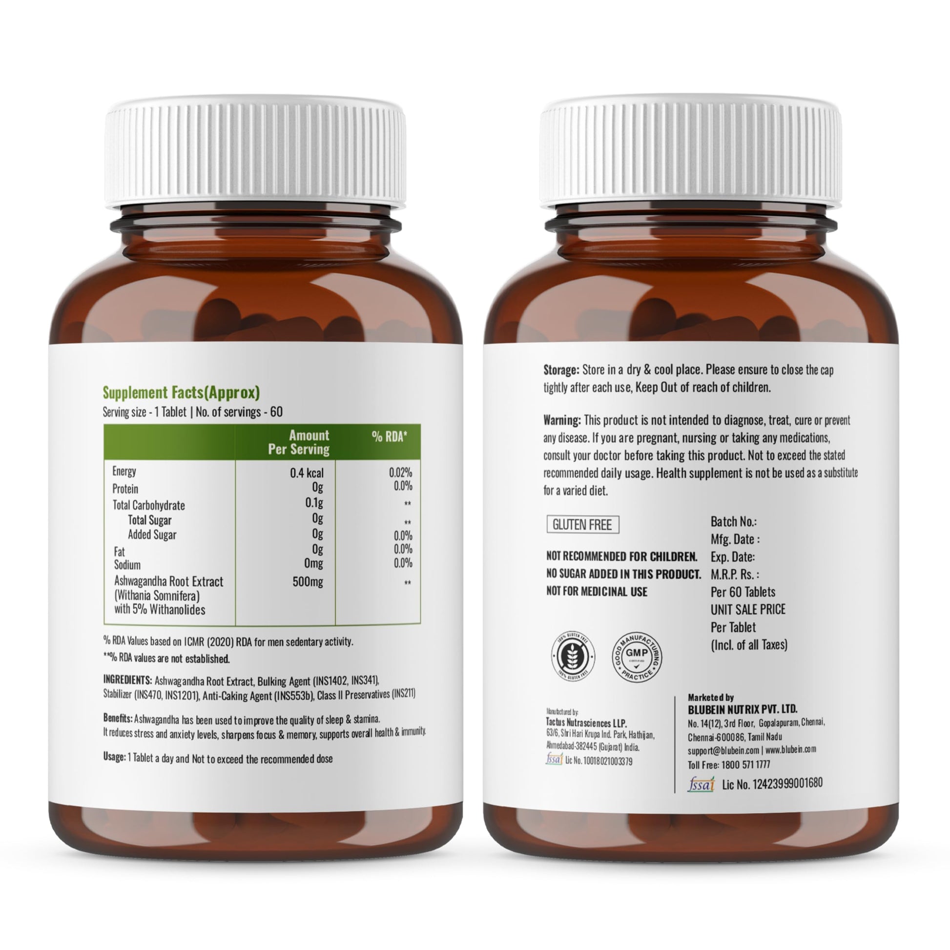 Blubein Ashwagandha Tablets 500mg with 5% Withanolides, 60 Count Herbal Supplement - close-up detail