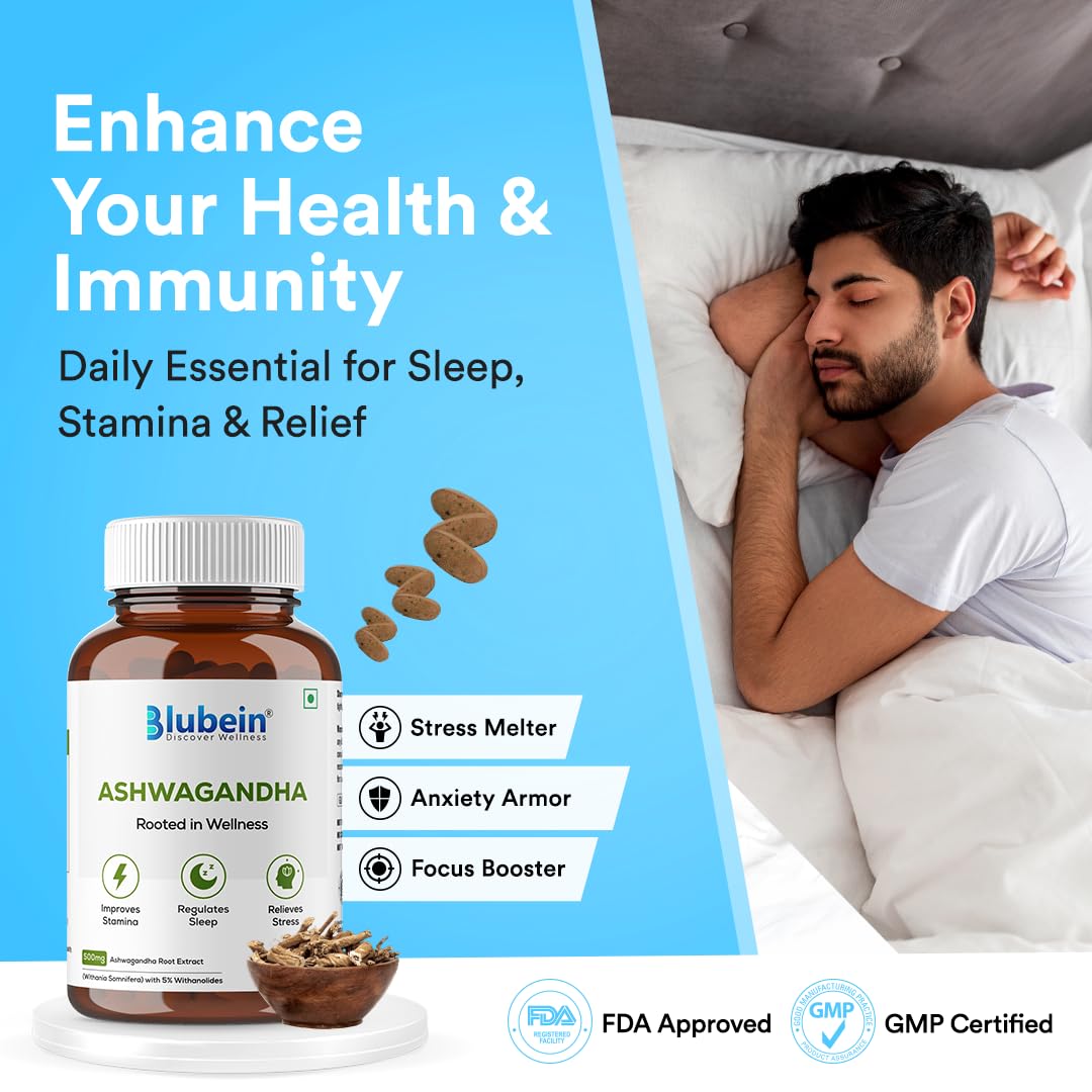 Blubein Ashwagandha Tablets 500mg with 5% Withanolides, 60 Count Herbal Supplement - close-up detail (9)