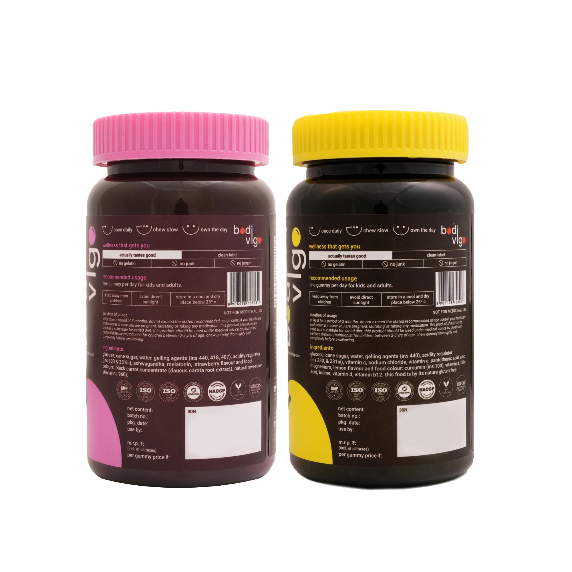 BODIVIGO Stress & Recovery Combo Gummies, 60 Count (30+30), Strawberry & Lemon Flavors, Gelatin-Free, Gluten-Free - close-up