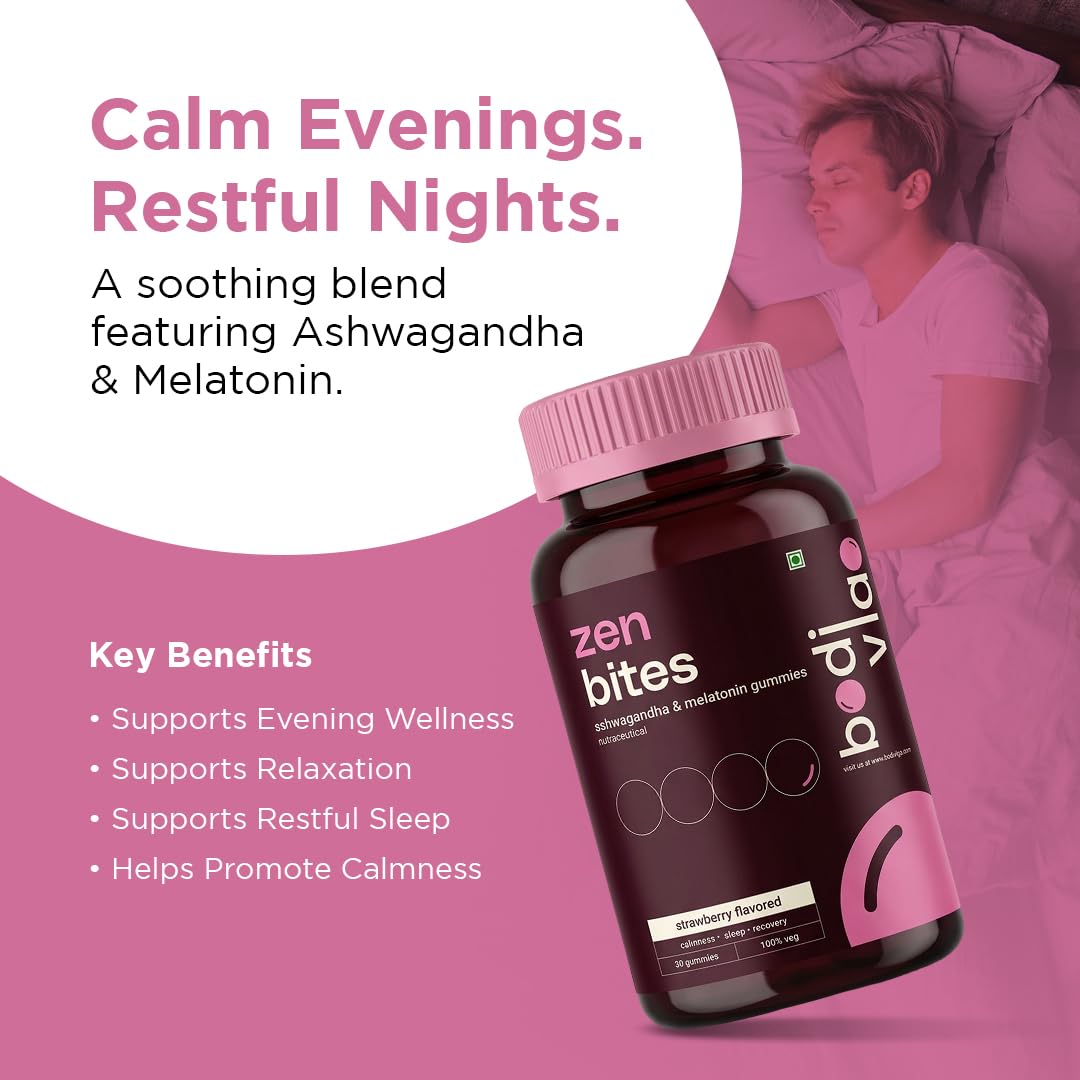 Bodivigo Zen Bites Ashwagandha & Melatonin Gummies, 30 Count, Strawberry Flavor, Adult Formula, 150g - front view