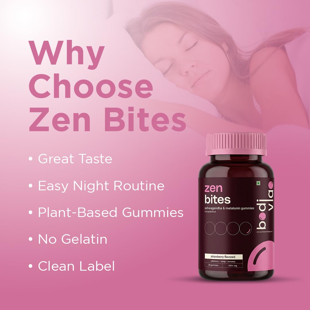 Bodivigo Zen Bites Ashwagandha & Melatonin Gummies, 30 Count, Strawberry Flavor, Adult Formula, 150g - label detail