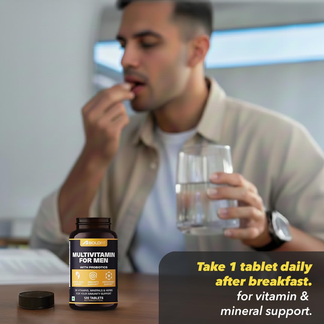 Boldfit Multivitamin Tablets for Men, 120 Veg Tablets with Probiotics, Vitamin C, E, B12, B6, Zinc & Grape Seed Extract - bac