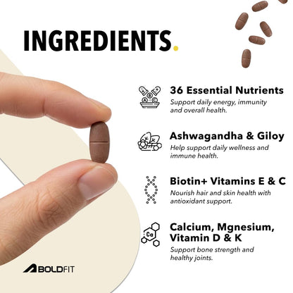 Boldfit Multivitamin Tablets for Men, 120 Veg Tablets with Probiotics, Vitamin C, E, B12, B6, Zinc & Grape Seed Extract - pac