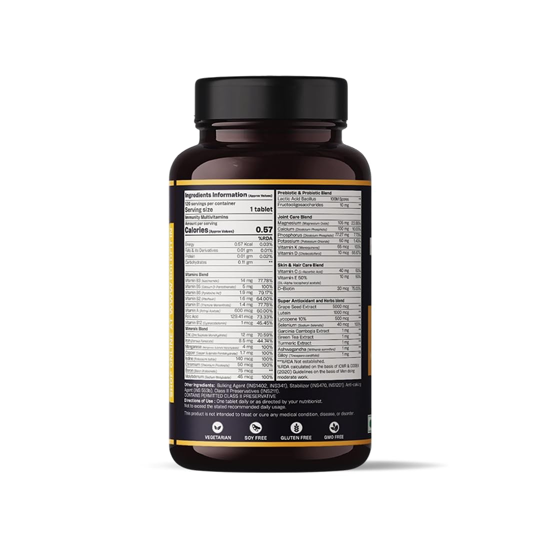 Boldfit Multivitamin Tablets for Men, 120 Veg Tablets with Probiotics, Vitamin C, E, B12, B6, Zinc & Grape Seed Extract - siz