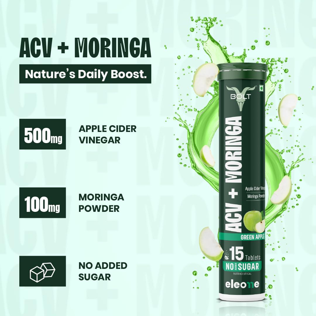 Bolt ACV Moringa Effervescent Tablets, Nutritional Supplement for Adults, 15 Count, 160g - front view