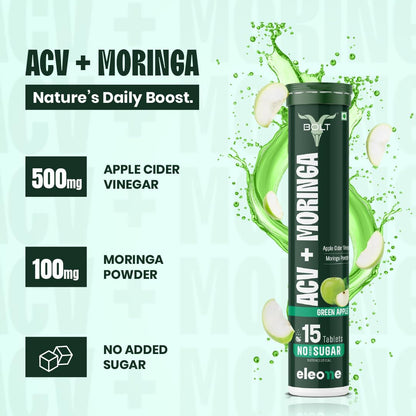 Bolt ACV Moringa Effervescent Tablets, Nutritional Supplement for Adults, 15 Count, 160g - front view