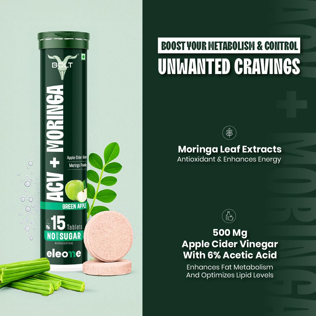 Bolt ACV Moringa Effervescent Tablets, Nutritional Supplement for Adults, 15 Count, 160g - back view