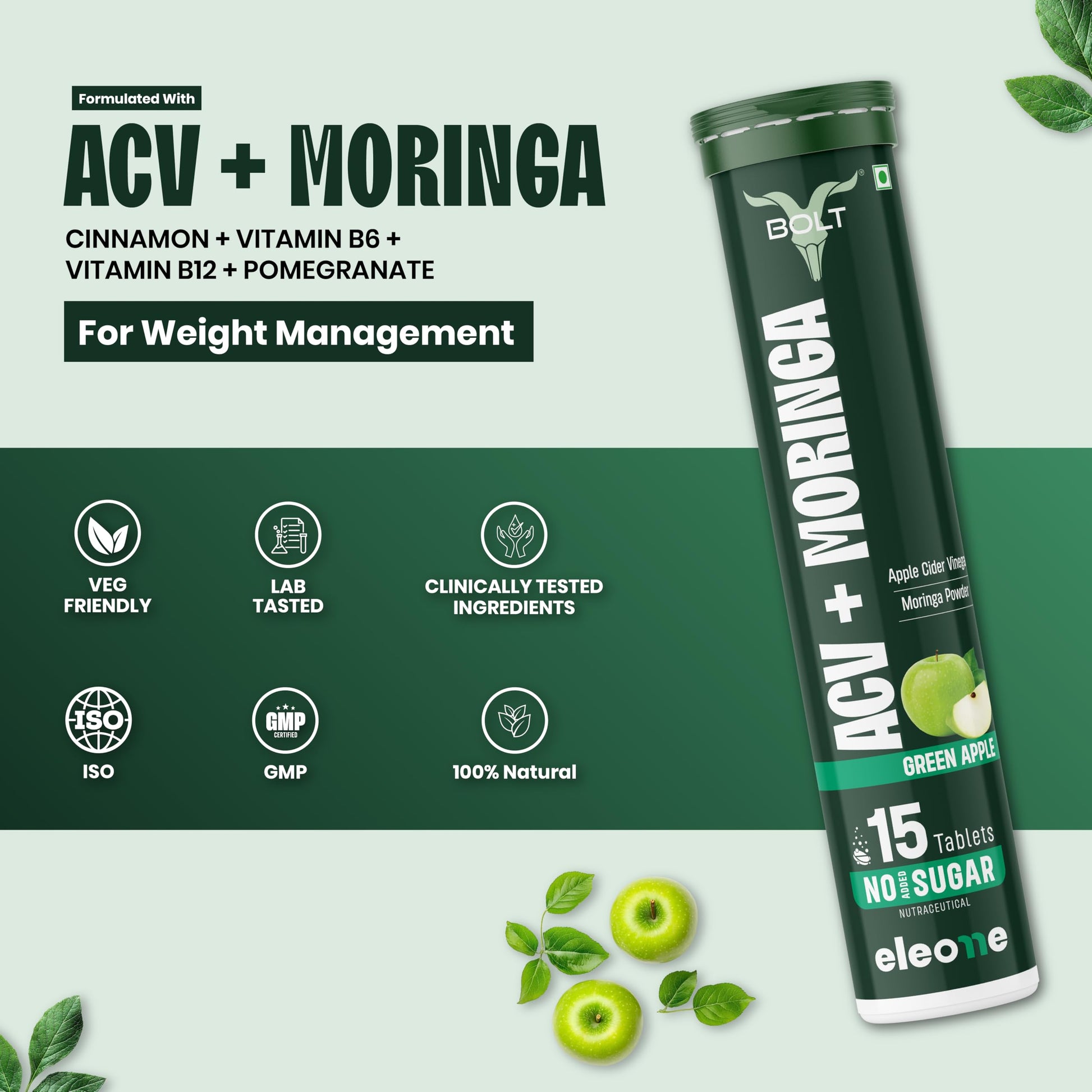 Bolt ACV Moringa Effervescent Tablets, Nutritional Supplement for Adults, 15 Count, 160g - packaging