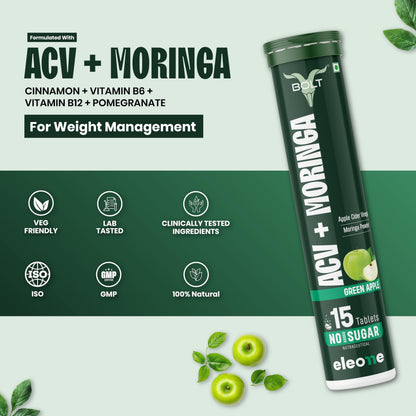 Bolt ACV Moringa Effervescent Tablets, Nutritional Supplement for Adults, 15 Count, 160g - packaging