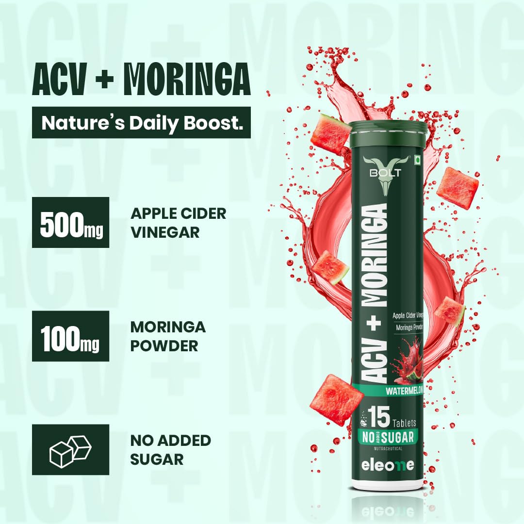Bolt ACV Moringa Effervescent Tablets, Nutritional Supplement for Adults, 15 Count, 160g - front view (9)