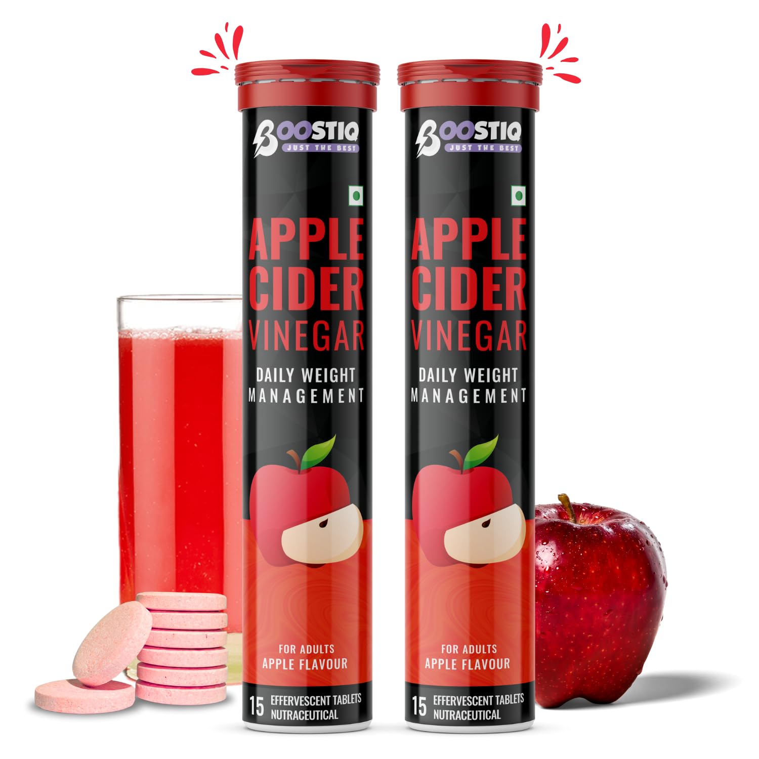 BOOSTIQ Apple Cider Vinegar Effervescent Tablets, B-Vitamins & Pomegranate Extract, No Added Sugar, Adult Supplement (10)