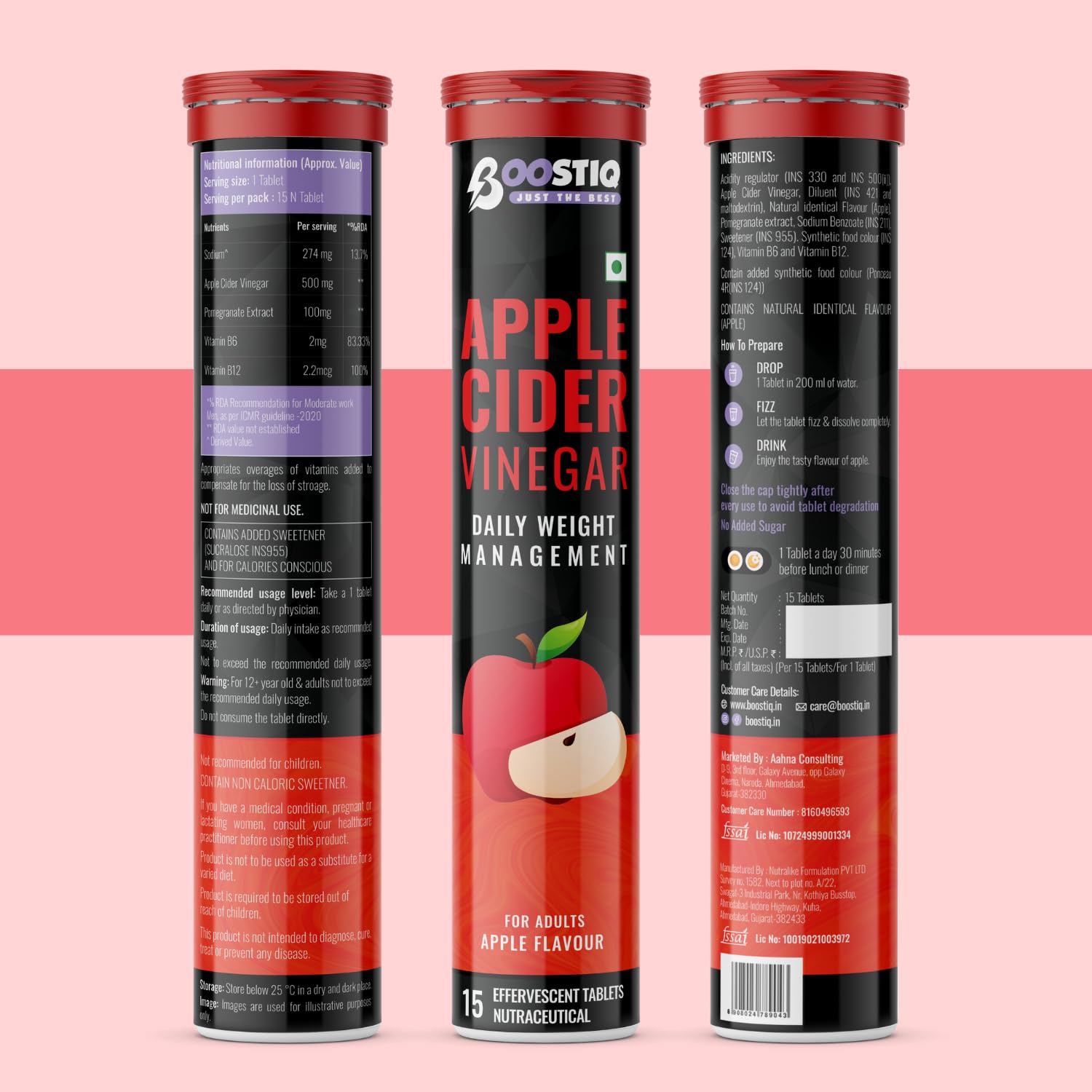 BOOSTIQ Apple Cider Vinegar Effervescent Tablets, B-Vitamins & Pomegranate Extract, No Added Sugar, Adult Supplement - ingred