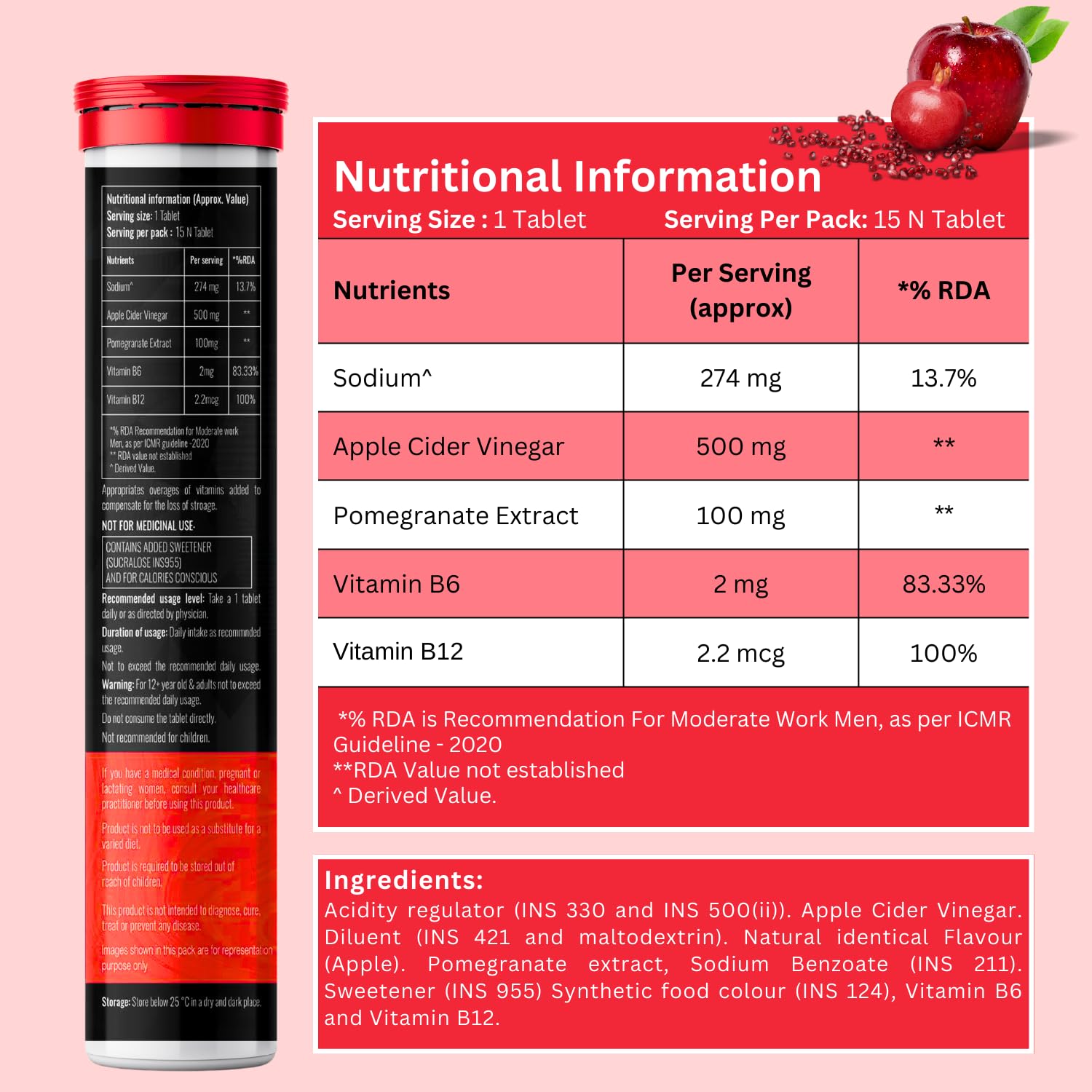 BOOSTIQ Apple Cider Vinegar Effervescent Tablets, B-Vitamins & Pomegranate Extract, No Added Sugar, Adult Supplement - back v
