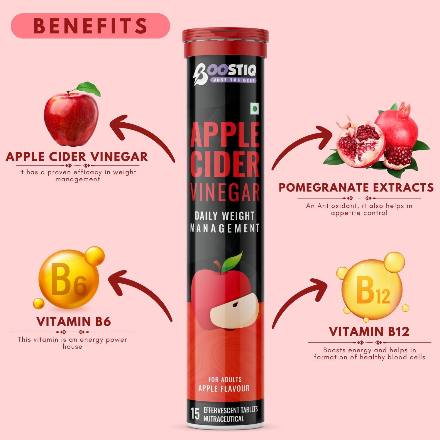 BOOSTIQ Apple Cider Vinegar Effervescent Tablets, B-Vitamins & Pomegranate Extract, No Added Sugar, Adult Supplement - front