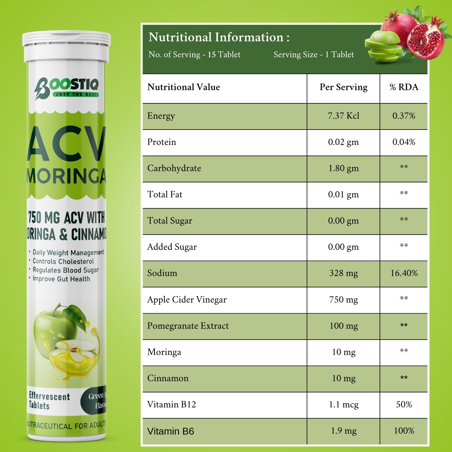 BOOSTIQ Apple Cider Vinegar Effervescent Tablets, B-Vitamins & Pomegranate Extract, No Added Sugar, Adult Supplement - front 
